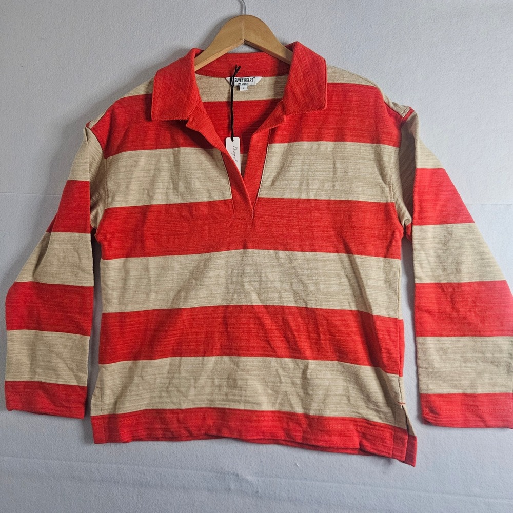 Velvet Heart Los Angeles Red Tan Striped Cotton Polo Rugby Top L